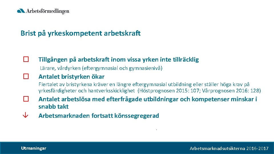 Brist på yrkeskompetent arbetskraft � Tillgången på arbetskraft inom vissa yrken inte tillräcklig Lärare,