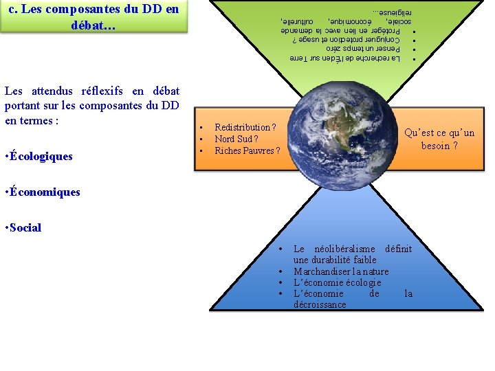 c. Les composantes du DD en débat… • Écologiques • La recherche de l’Éden