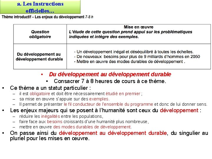 a. Les Instructions officielles… • • Du développement au développement durable • Consacrer 7