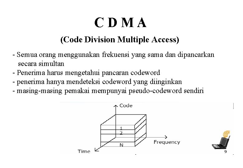 CDMA (Code Division Multiple Access) - Semua orang menggunakan frekuensi yang sama dan dipancarkan