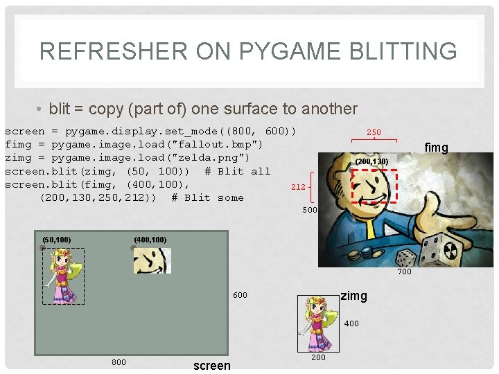 REFRESHER ON PYGAME BLITTING • blit = copy (part of) one surface to another REFRESHER ON PYGAME BLITTING • blit = copy (part of) one surface to another