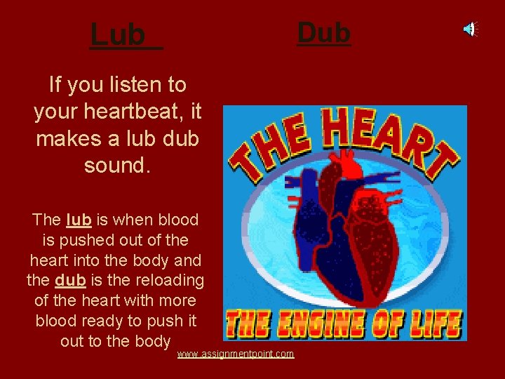 Dub Lub If you listen to your heartbeat, it makes a lub dub sound.