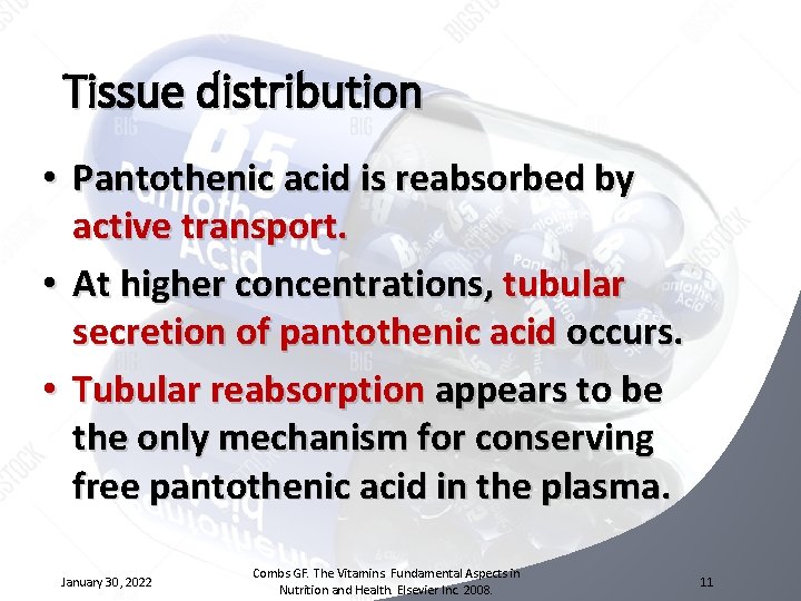 Tissue distribution • Pantothenic acid is reabsorbed by active transport. • At higher concentrations,