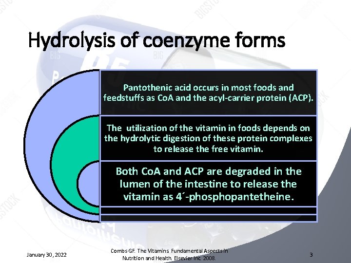 Hydrolysis of coenzyme forms Pantothenic acid occurs in most foods and feedstuffs as Co.