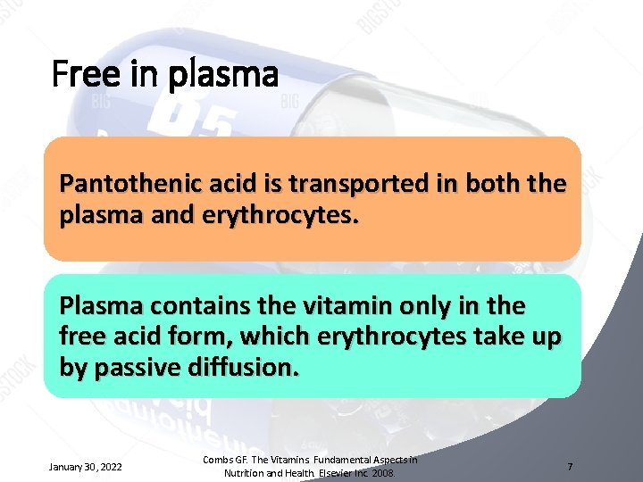 Free in plasma Pantothenic acid is transported in both the plasma and erythrocytes. Plasma