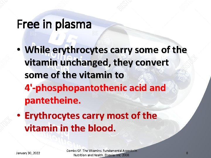 Free in plasma • While erythrocytes carry some of the vitamin unchanged, they convert
