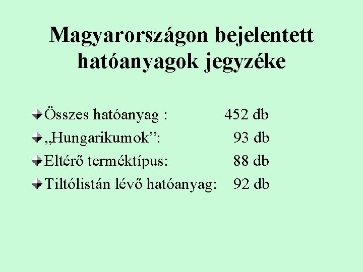 Magyarországon bejelentett hatóanyagok jegyzéke Összes hatóanyag : 452 db „Hungarikumok”: 93 db Eltérő terméktípus: