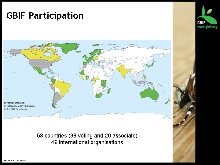 GBIF Participation 58 countries (38 voting and 20 associate) 46 international organisations Last updated: