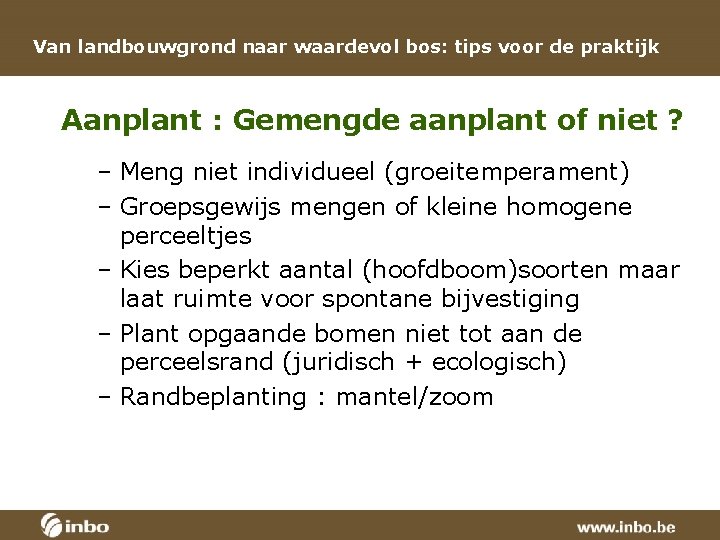 Van landbouwgrond naar waardevol bos: tips voor de praktijk Aanplant : Gemengde aanplant of