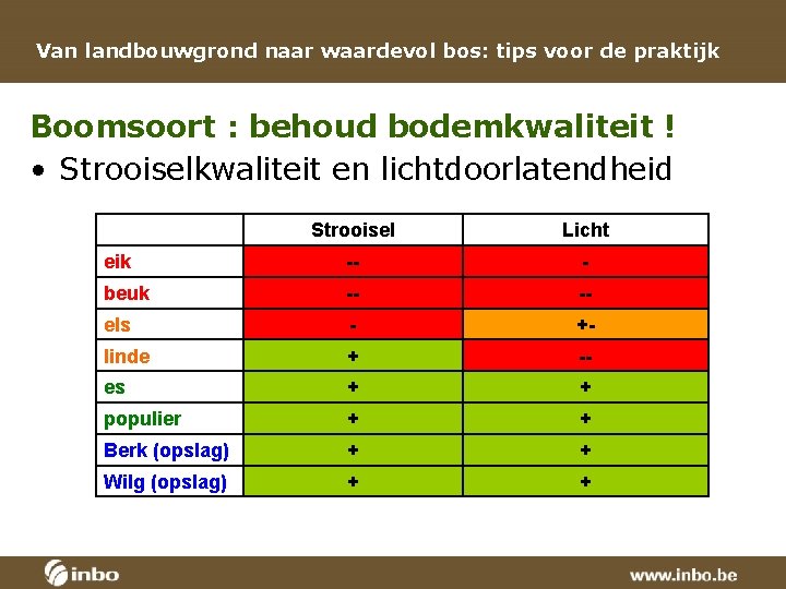 Van landbouwgrond naar waardevol bos: tips voor de praktijk Boomsoort : behoud bodemkwaliteit !