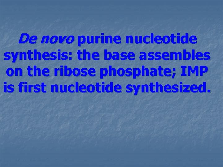 De novo purine nucleotide synthesis: the base assembles on the ribose phosphate; IMP is De novo purine nucleotide synthesis: the base assembles on the ribose phosphate; IMP is