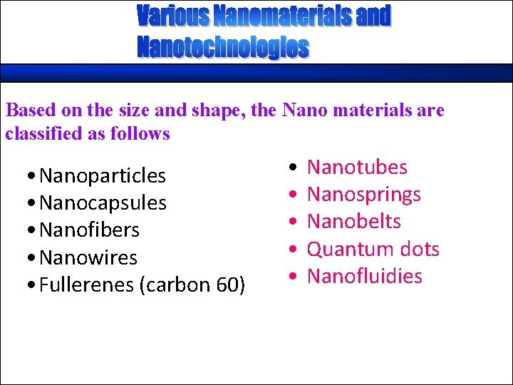 Based on the size and shape, the Nano materials are classified as follows •