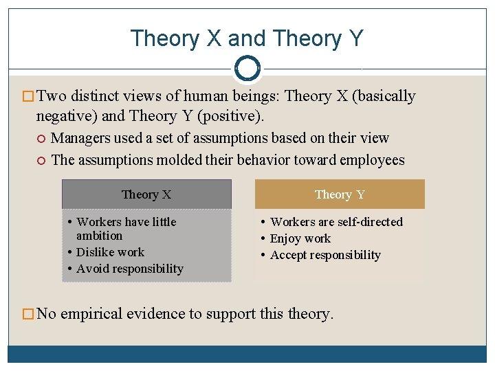 Theory X and Theory Y � Two distinct views of human beings: Theory X