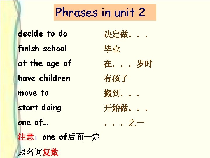 Phrases in unit 2 decide to do 决定做．．． finish school 毕业 at the age