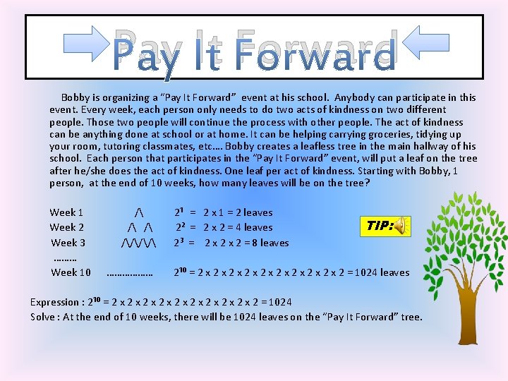 Pay It Forward Bobby is organizing a “Pay It Forward” event at his school.