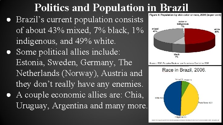 Politics and Population in Brazil ● Brazil’s current population consists of about 43% mixed,