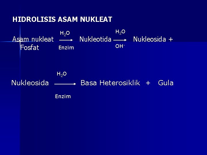 HIDROLISIS ASAM NUKLEAT Asam nukleat Fosfat H 2 O Enzim Nukleotida H 2 O