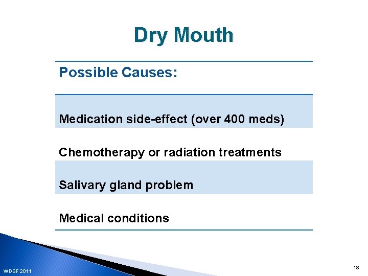 Dry Mouth Possible Causes: Medication side-effect (over 400 meds) Chemotherapy or radiation treatments Salivary