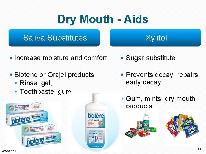 Dry Mouth - Aids Saliva Substitutes Xylitol § Increase moisture and comfort § Sugar