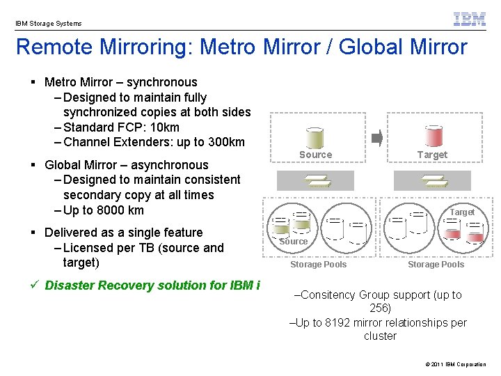 IBM Storage Systems Remote Mirroring: Metro Mirror / Global Mirror § Metro Mirror –