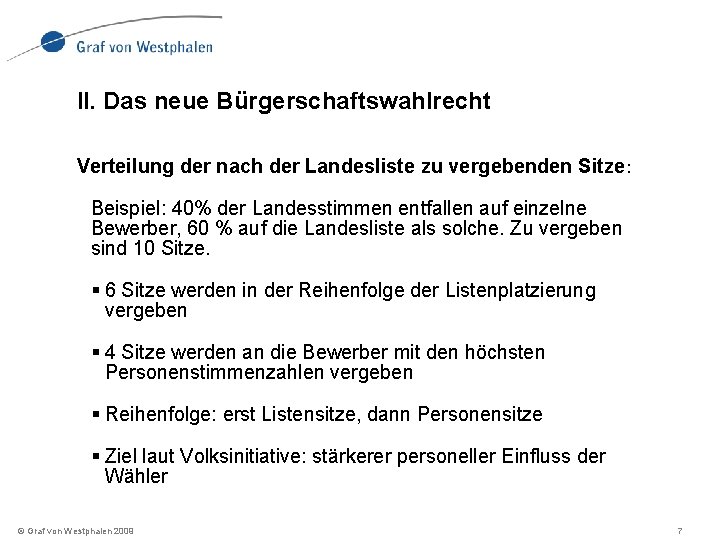 II. Das neue Bürgerschaftswahlrecht Verteilung der nach der Landesliste zu vergebenden Sitze: Beispiel: 40%