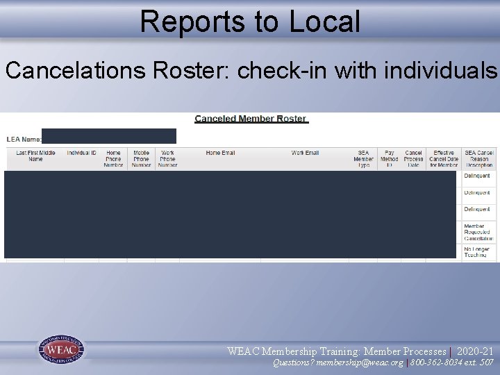 Reports to Local Cancelations Roster: check-in with individuals WEAC Membership Training: Member Processes |