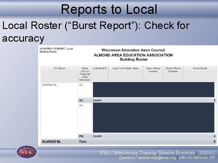 Reports to Local Roster (“Burst Report”): Check for accuracy WEAC Membership Training: Member Processes