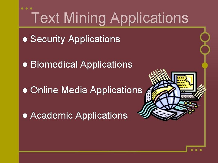 Text Mining Applications l Security Applications l Biomedical l Online Applications Media Applications l Text Mining Applications l Security Applications l Biomedical l Online Applications Media Applications l