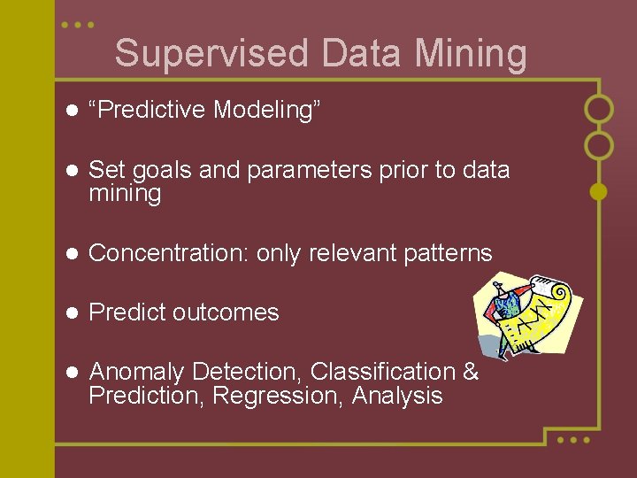 Supervised Data Mining l “Predictive Modeling” l Set goals and parameters prior to data Supervised Data Mining l “Predictive Modeling” l Set goals and parameters prior to data