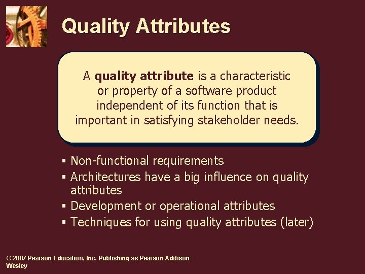 Quality Attributes A quality attribute is a characteristic or property of a software product Quality Attributes A quality attribute is a characteristic or property of a software product