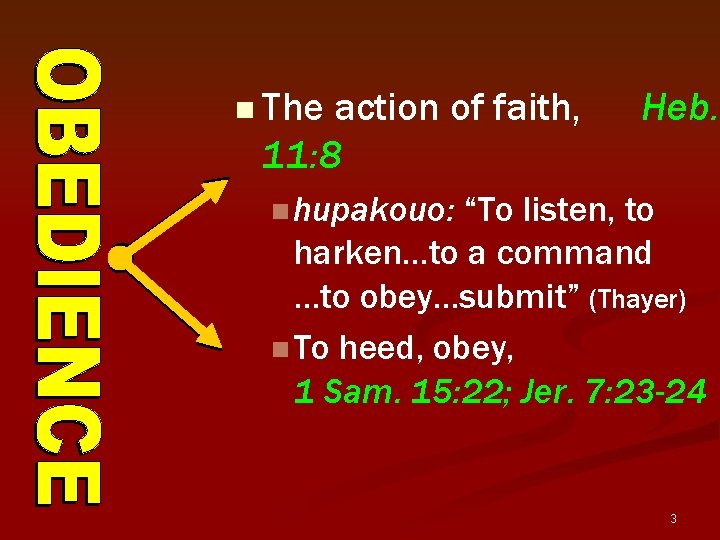 n The action of faith, Heb. 11: 8 n hupakouo: “To listen, to harken…to