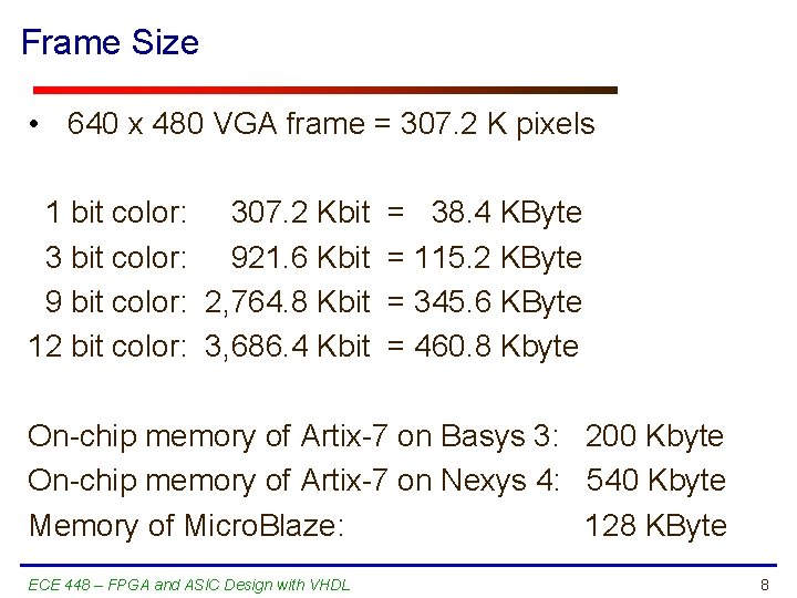 Frame Size • 640 x 480 VGA frame = 307. 2 K pixels 1