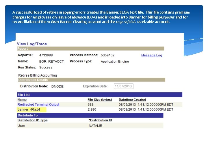 A successful load of retiree mapping errors creates the Banner/SLOA text file. This file