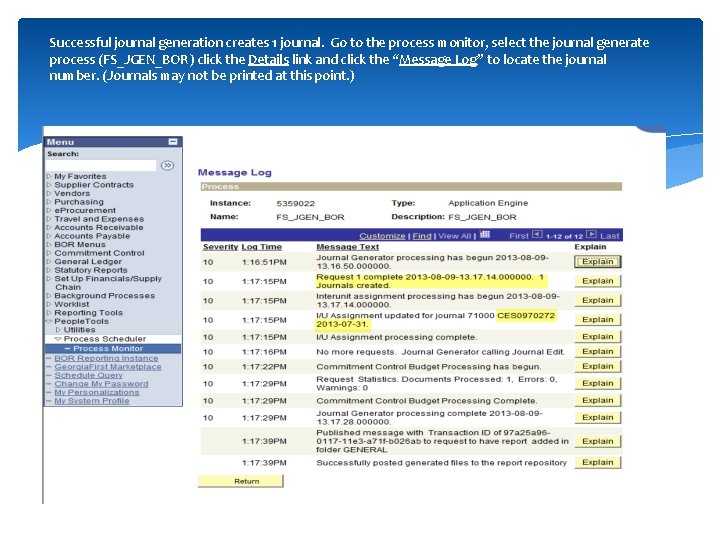 Successful journal generation creates 1 journal. Go to the process monitor, select the journal