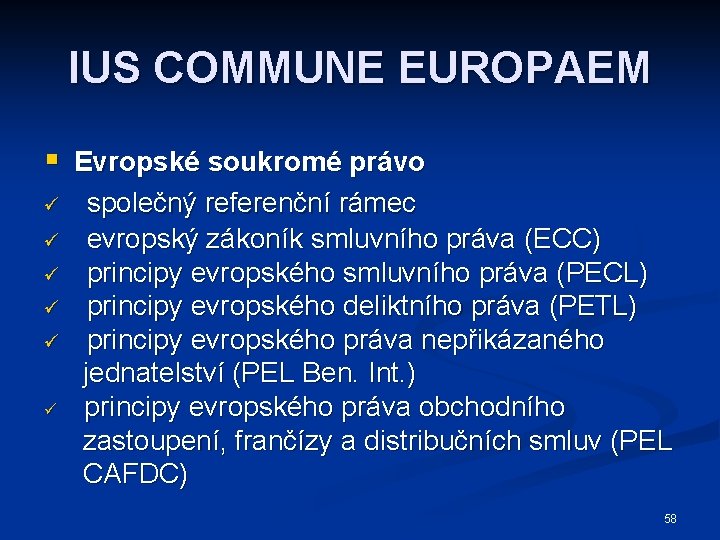 IUS COMMUNE EUROPAEM § Evropské soukromé právo ü ü ü společný referenční rámec evropský