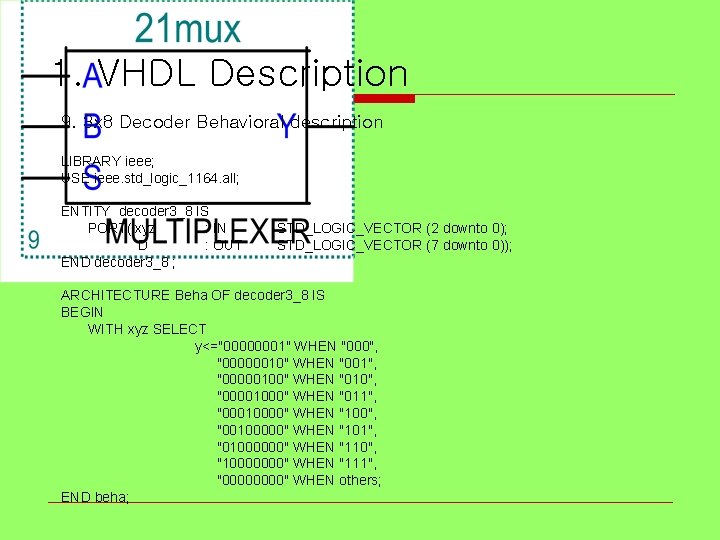 1. VHDL Description 9. 3 x 8 Decoder Behavioral description LIBRARY ieee; USE ieee.