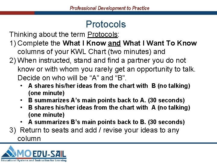 Professional Development to Practice Protocols Thinking about the term Protocols: 1) Complete the What