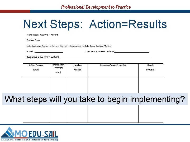 Professional Development to Practice Next Steps: Action=Results What steps will you take to begin