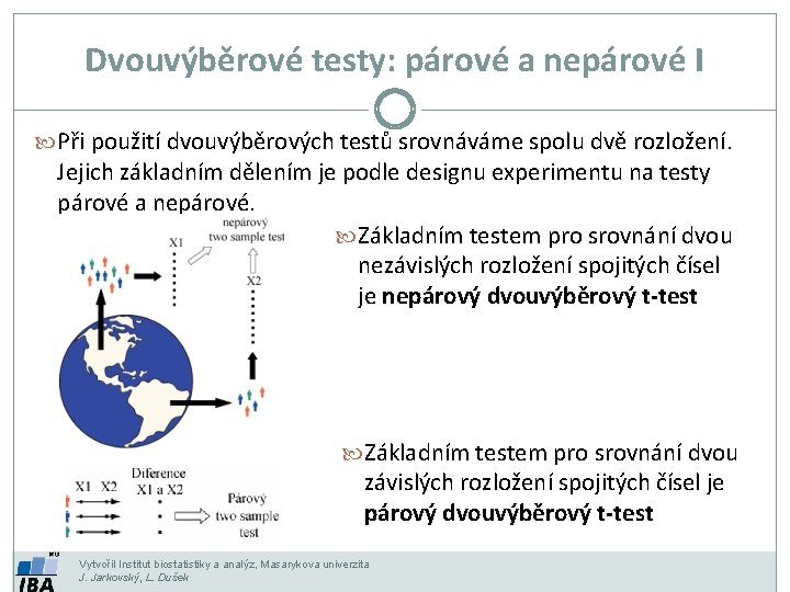 Dvouvýběrové testy: párové a nepárové I Při použití dvouvýběrových testů srovnáváme spolu dvě rozložení.