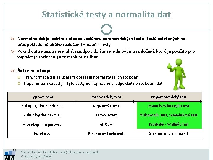 Statistické testy a normalita dat Normalita dat je jedním z předpokladů tzv. parametrických testů