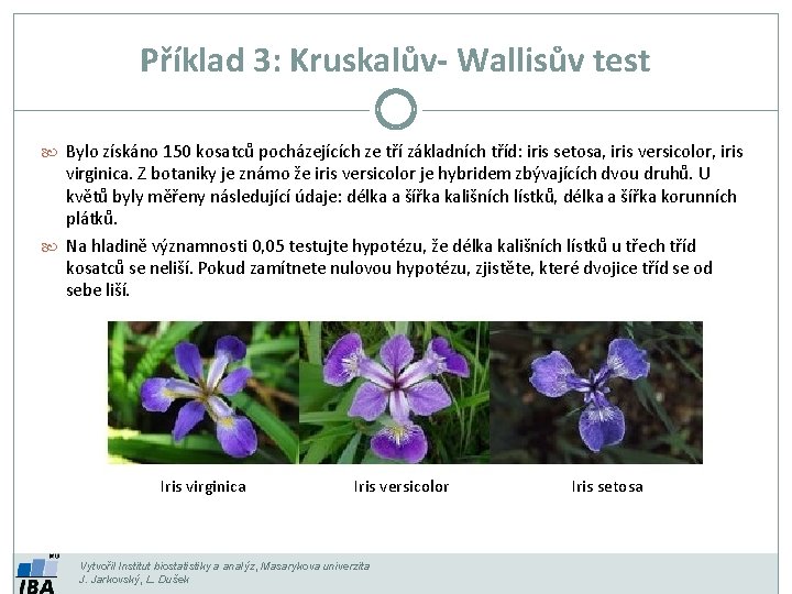 Příklad 3: Kruskalův- Wallisův test Bylo získáno 150 kosatců pocházejících ze tří základních tříd: