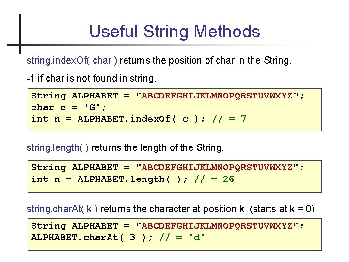 Useful String Methods string. index. Of( char ) returns the position of char in