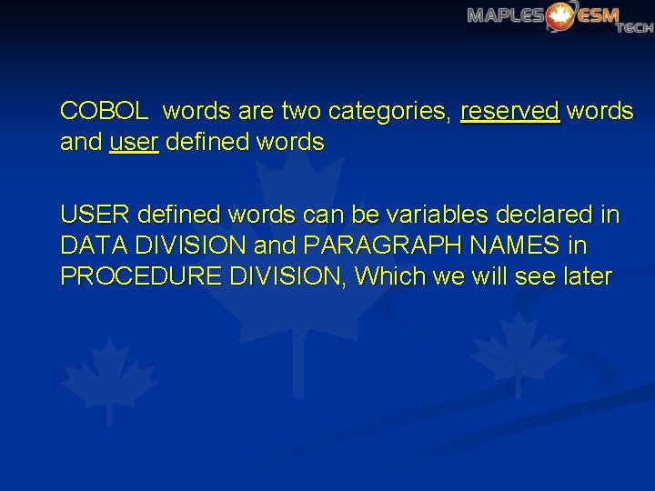 COBOL words are two categories, reserved words and user defined words USER defined words