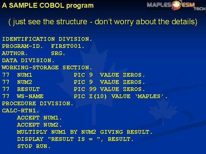 A SAMPLE COBOL program ( just see the structure - don’t worry about the