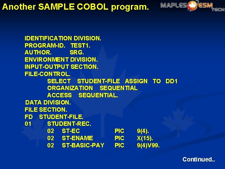 Another SAMPLE COBOL program. IDENTIFICATION DIVISION. PROGRAM-ID. TEST 1. AUTHOR. SRG. ENVIRONMENT DIVISION. INPUT-OUTPUT