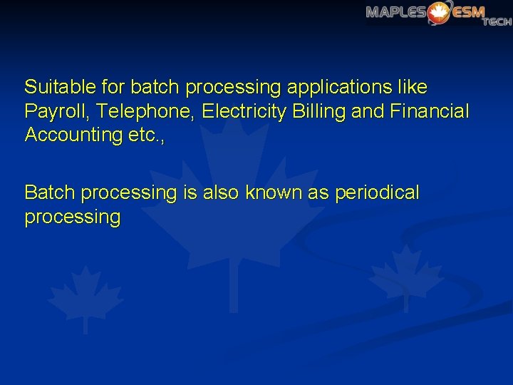 Suitable for batch processing applications like Payroll, Telephone, Electricity Billing and Financial Accounting etc.