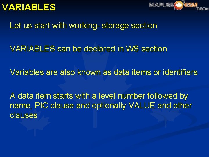 VARIABLES Let us start with working- storage section VARIABLES can be declared in WS