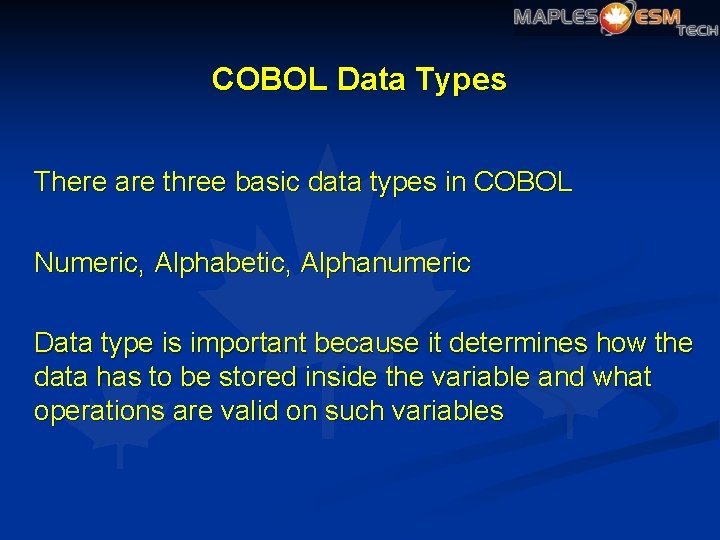 COBOL Data Types There are three basic data types in COBOL Numeric, Alphabetic, Alphanumeric