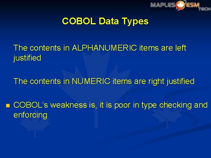 COBOL Data Types The contents in ALPHANUMERIC items are left justified The contents in