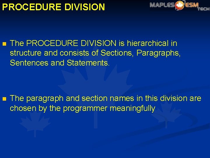 PROCEDURE DIVISION n The PROCEDURE DIVISION is hierarchical in structure and consists of Sections,